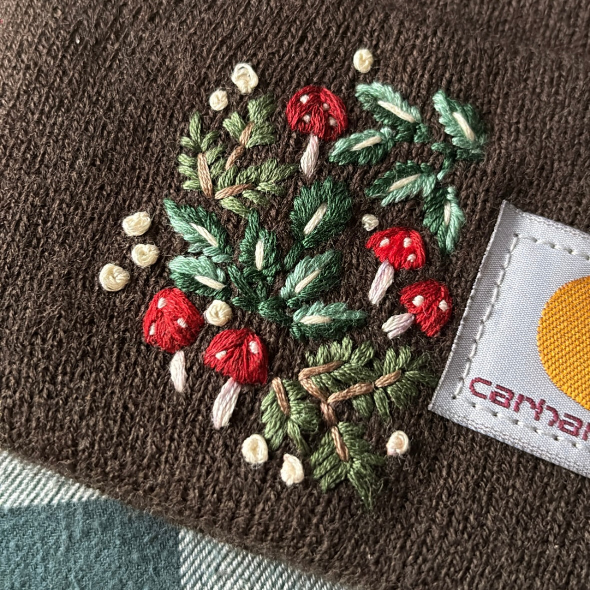 Hand Embroidered Mushroom Beanie